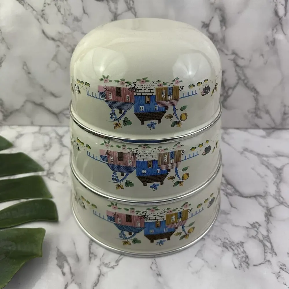International Heartland Vintage Enamelware Nesting Bowls With Lids Mixing 6 pc